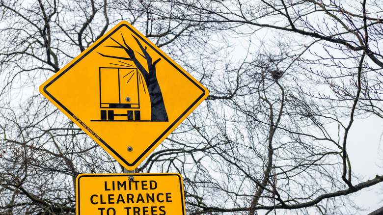 yellow road sign with a truck and a tree alerting drivers of the risk of collision