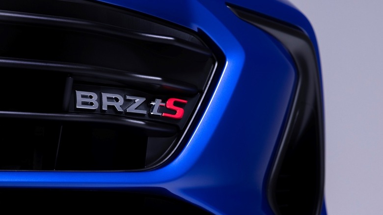 Subaru BRZ tS model nameplate on blue car