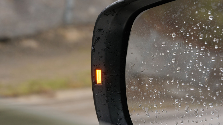 Close-up of an orange blind spot alert on a car's wing mirror