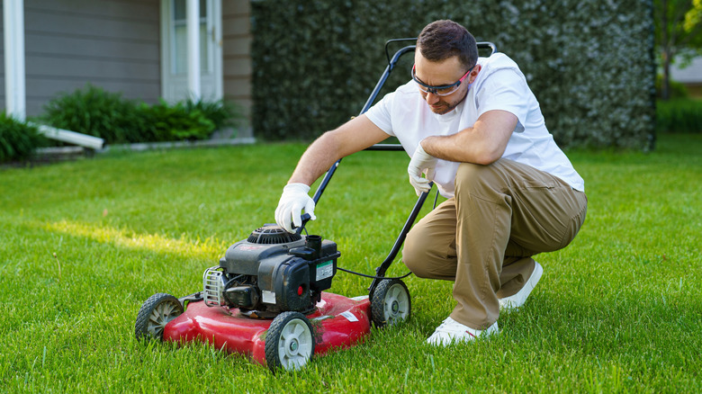A person looking over a push lawn mower.