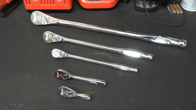 a selection of milwaukee ratchet wrenches ranging from 1/4-inch to 1/2-inch