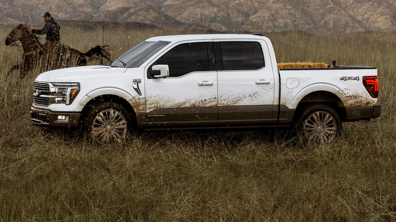 White Ford F-150 in muddy and grassy terrain with a man on a horse in the background