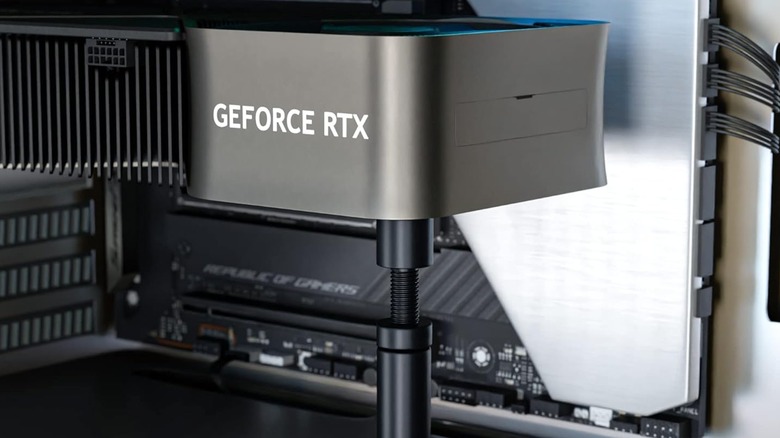 A GeForce RTX GPU propped up by a small bracket
