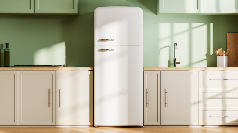 Fridge in green kitchen