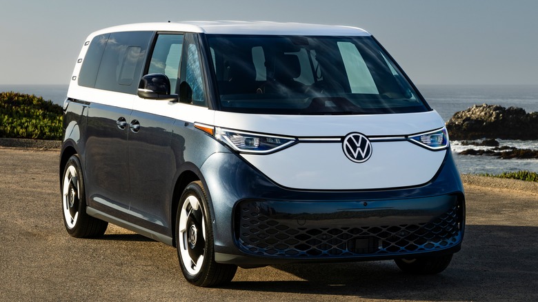 Front 3/4 view of Volkswagen ID.Buzz by the ocean