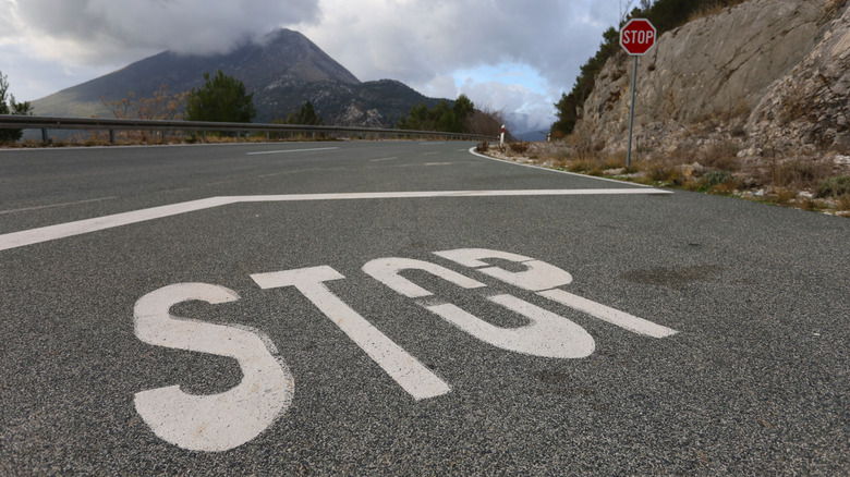 stop sign and stop indicator on road