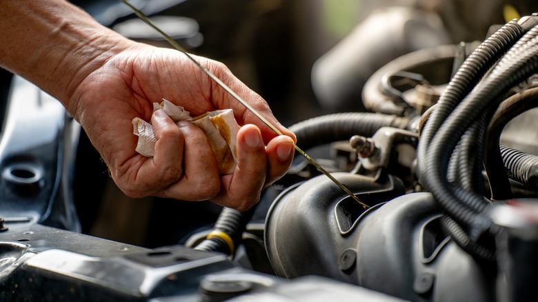 Driver Pulling the engine oil level dipstick to check the quality of engine oil