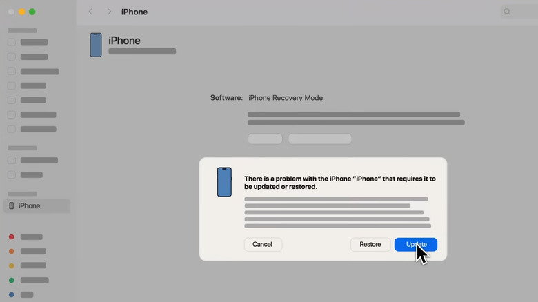 Finder on Mac showing update option for iPhone