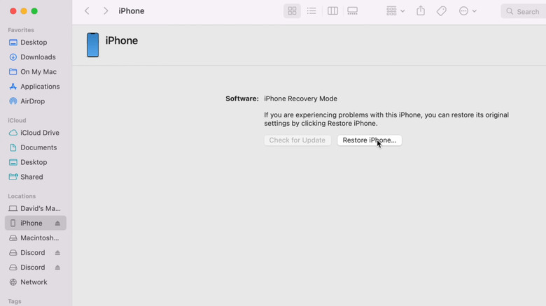 Finder showing Restore iPhone option on Mac