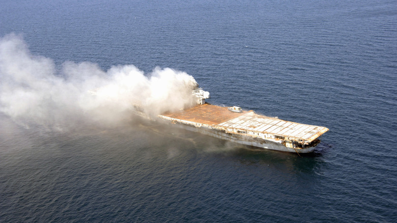 USS Oriskany sinking, covered in smoke