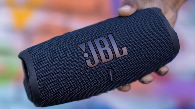 Person holding JBL Bluetooth speaker