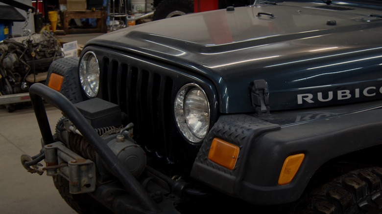 Front end of a blue LJ Wrangler Rubicon