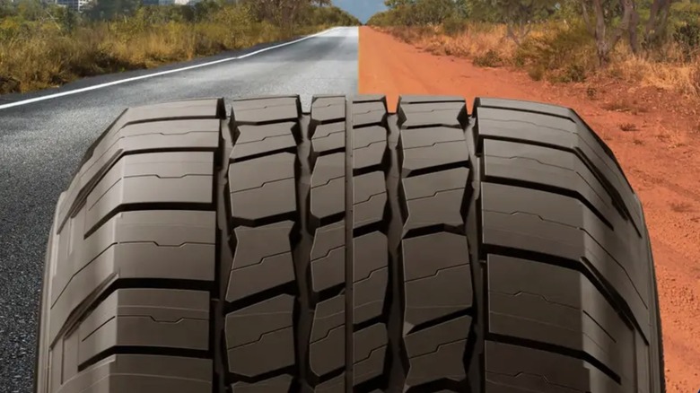 Close up of a Michelin LTX tire tread against the background of a country road