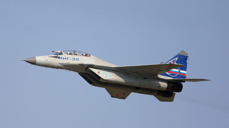 A Russian MiG-35 aircraft making a low pass during an airshow.