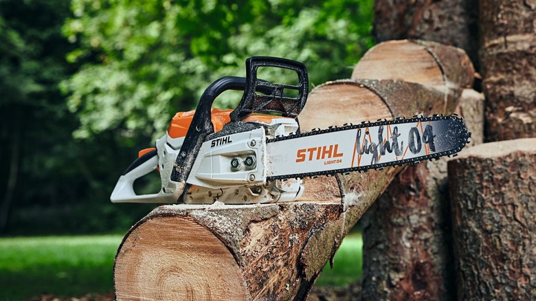 A STIHL Chainsaw Sitting On Freshly Cut Wood