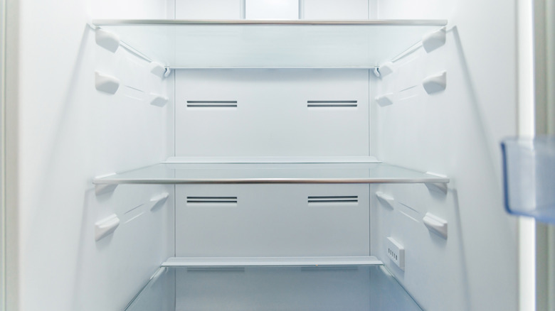 Close-up of empty refrigerator shelves.