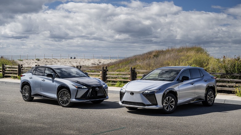 The two trims of the Lexus RZ series pictured together; the Lexus RZ 450e and the RZ 300e