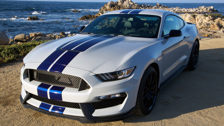 Front 3/4 view of S550 Mustang GT350 by the ocean