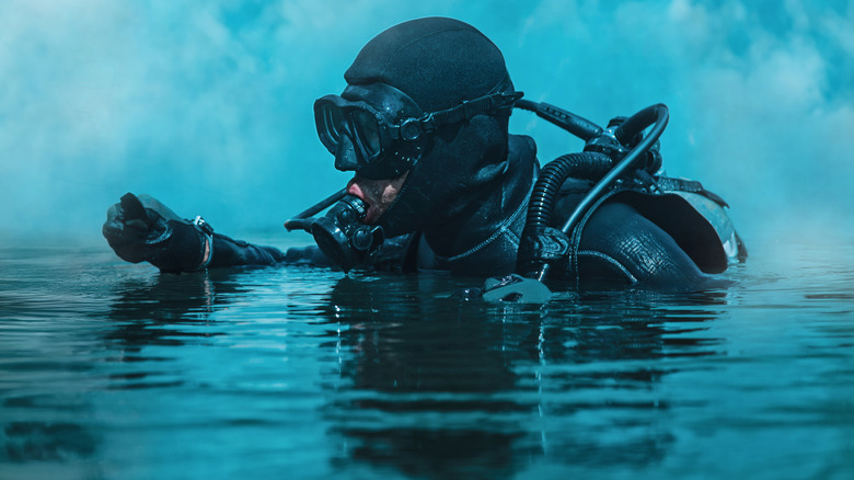 Navy SEAL frogman with complete diving gear and weapons in the water