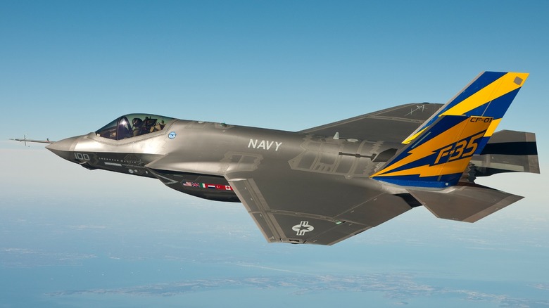 The first F-35C flight sciences aircraft, CF-01, in flight over the Chesapeake Bay.