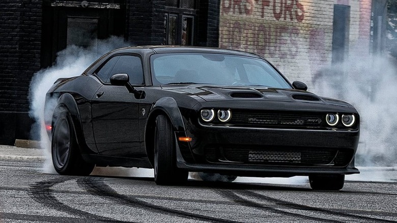 2023 Dodge Challenger SRT Hellcat performing donut, front-view