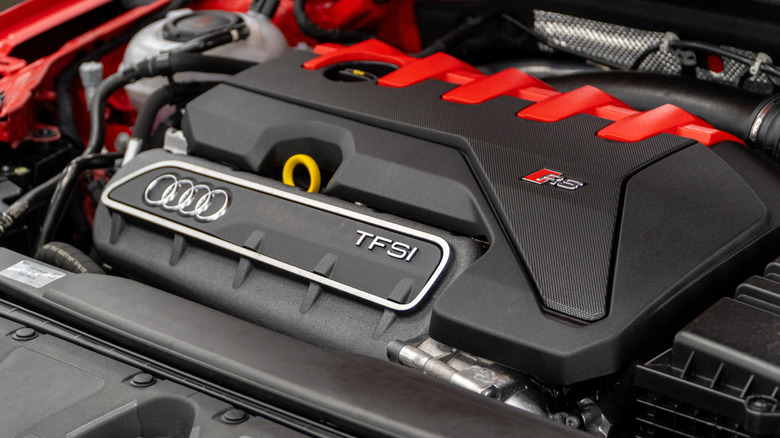 A close-up of Audi's 2.5-liter TFSI inline five-cylinder
