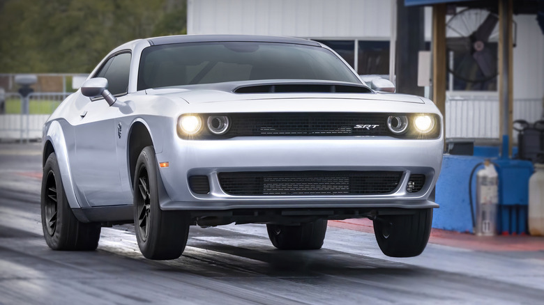 Dodge Demon 170 doing a wheelie at the drag strip