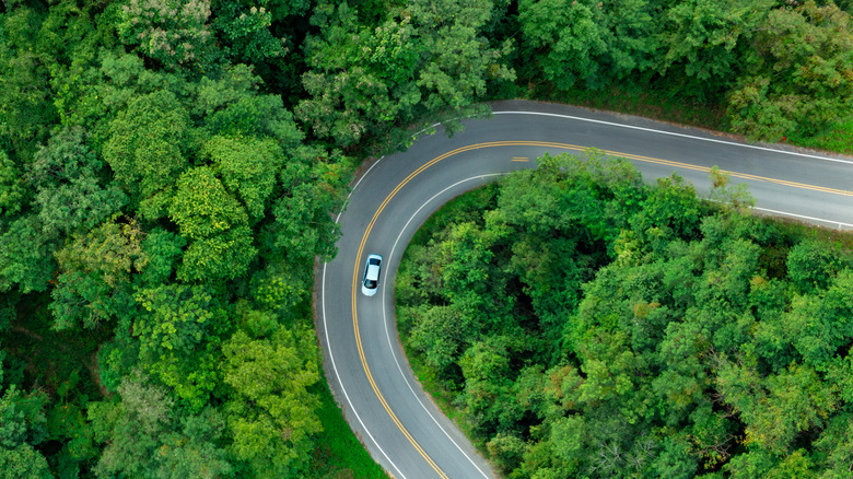 Aerial view of a car taking a tight curve in a forest