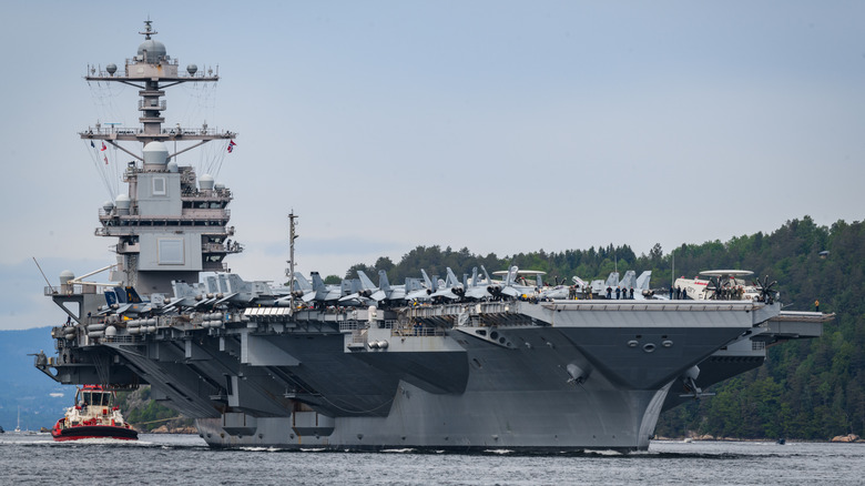 The USS Gerald R Ford departing from port