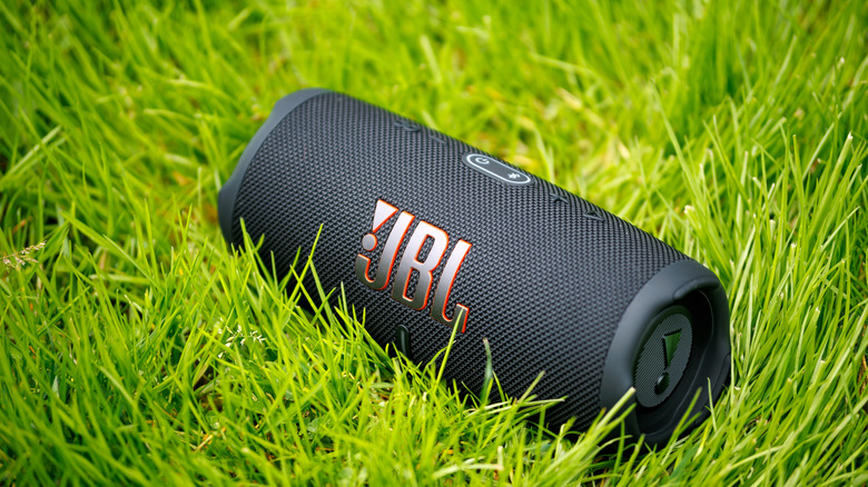 A black JBL Charge 5 sitting on the grass.
