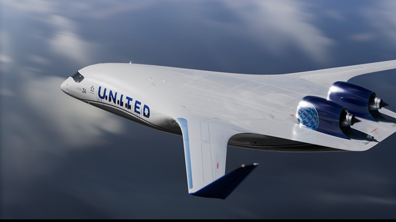 Commercial JetZero flying in the skies against the clouds