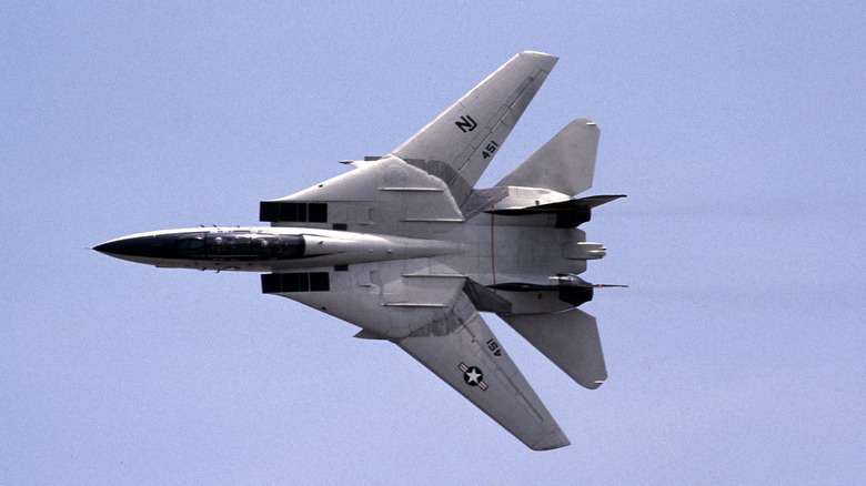 An F-14 Tomcat fighter jet in flight.