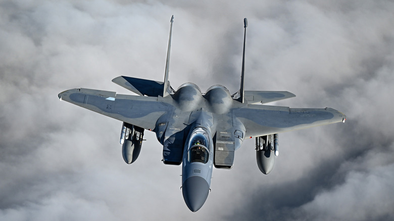 Front view of an F-15 Eagle in flight