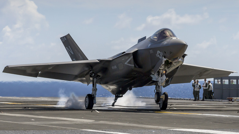 Front-side angle of an F-35C fighter jet