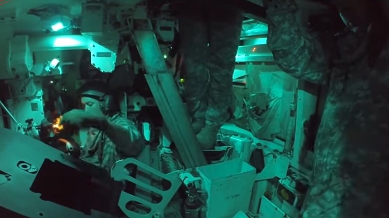 Inside the turret basket of an Mi Abrams tank
