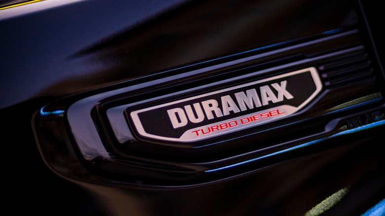 Close up of Duramax logo on a black truck