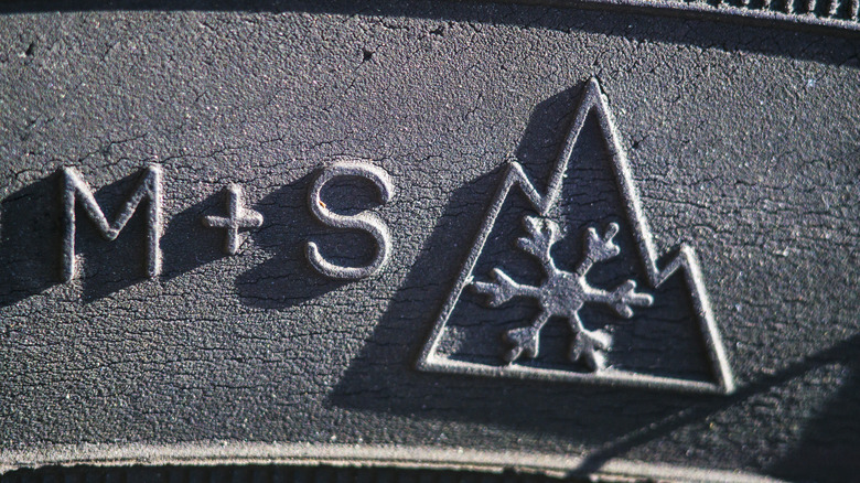 Close up of M+S and 3PMSF symbols on tire