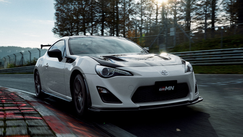 2016 Toyota GRMN 86 driving around Nurburgring at speed, front-right three-quarter view
