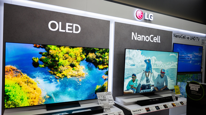 OLED and NanoCell TV demonstrations at an LG booth.