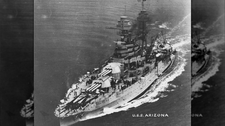 USS Arizona (BB-39) underway with President Herbert Hoover on board, March 1931. The Presidential Flag is flying from her mainmast peak. U.S. Naval History and Heritage Command Photograph.
