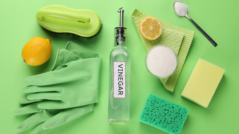 A bottle of vinegar surrounded by various cleaning supplies.