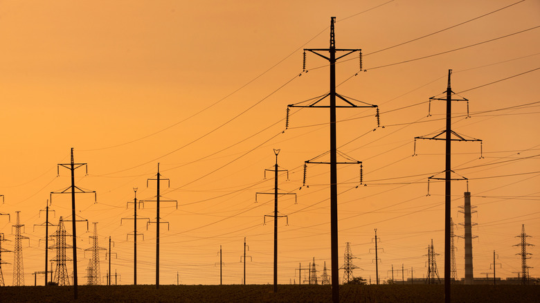 View of multiple overhead power lines at sunset