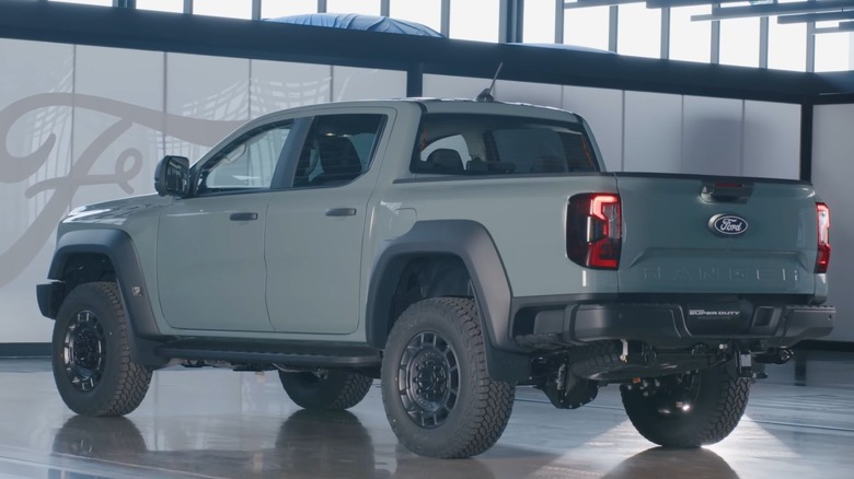 The side and back of a Ford Ranger Super Duty prototype on display