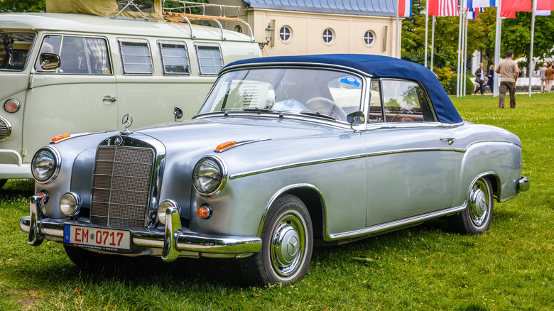 Silver Mercedes-Benz 220SE cabriolet on display