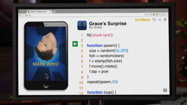 Bitsbox demonstration with Shark Tank-themed game being displayed on screen