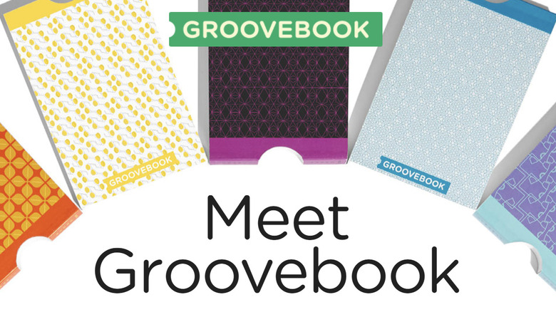 Screenshot from Groovebook's website with the text "Meet Groovebook" and images of Groovebooks in a variety of colors and designs