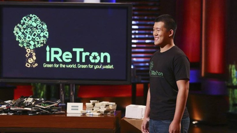 Jason Li on Shark Tank in front of iReTron logo