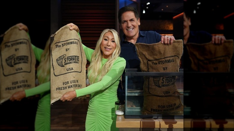 Lori Greiner and Mark Cuban celebrating their investment in StormBag