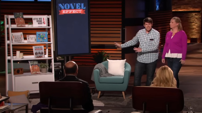 Matt gesturing to Novel Effect display on Shark Tank