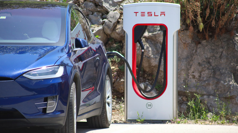 Charging a blue Tesla car